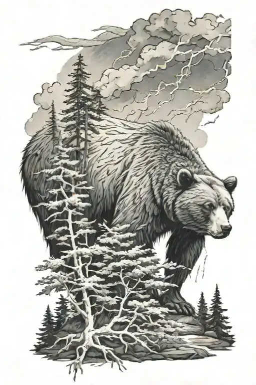 Bear in the forest with thunderstorm tattoo design idea
