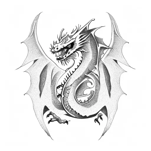 Cute gothic dragon with flowers and crystals tattoo design idea