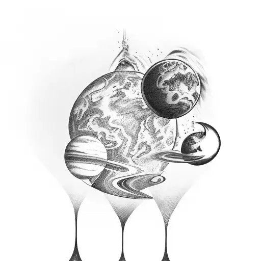planets popping out of bottle tattoo design idea