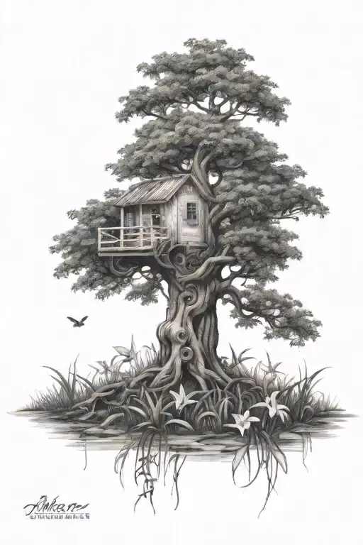 the giving tree in a garden of lilies tattoo design idea