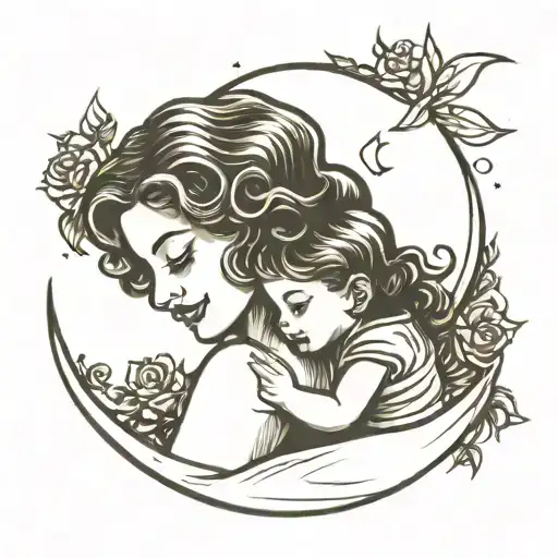 mother and daughter hugging in front of a crescent moon  tattoo design idea