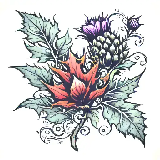 scottish thistle & canadian maple leaf  tattoo design idea
