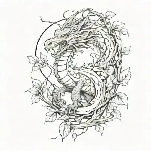 A sketch-style tattoo of a dragon perched on a tree branch, with leaves swirling around it tattoo design idea