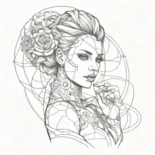A sexy femme fatale with intricate circuitry tattoos symbolizing the merging of technology and sensuality tattoo design idea