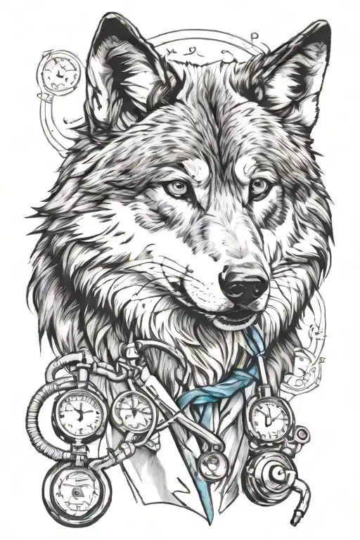 A realistic portrait of a wolf wearing a stethoscope, symbolizing the client's love for both wolves and medicine tattoo design idea