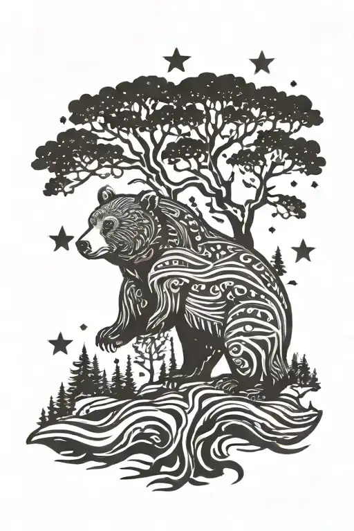  Tattoo of a bear and tree under a starry sky with  "Sue Roberts 9/19/59-8/9/24" tattoo design idea