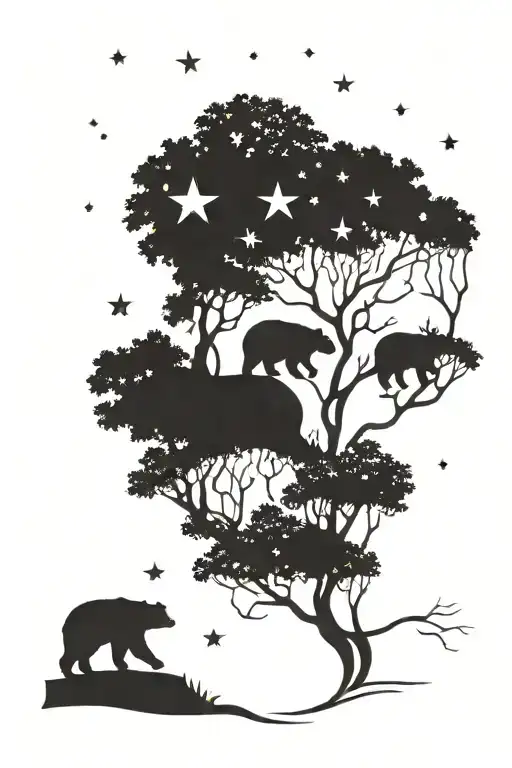  Tattoo of a bear and tree under a starry sky with the following information" "Sue Roberts", "9/19/195 tattoo design idea
