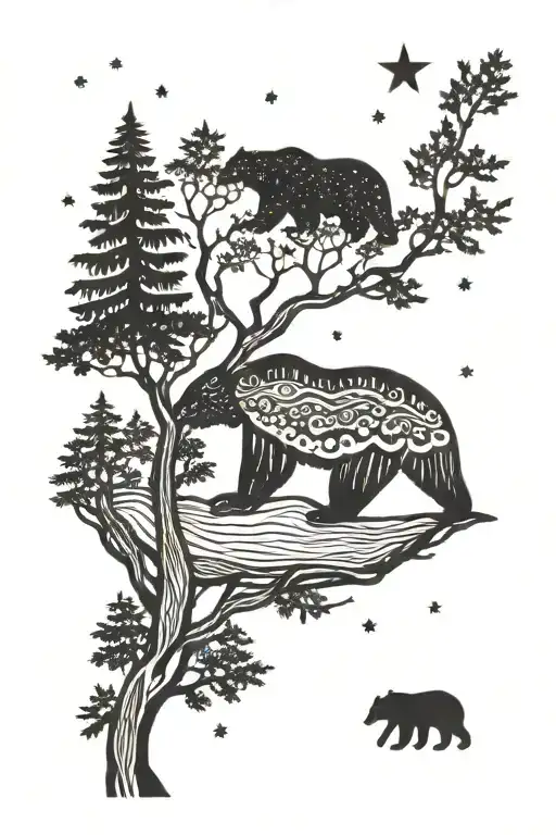 Tattoo of a bear and tree under a starry sky  Sue Roberts 9/19/59-8/9/24 tattoo design idea