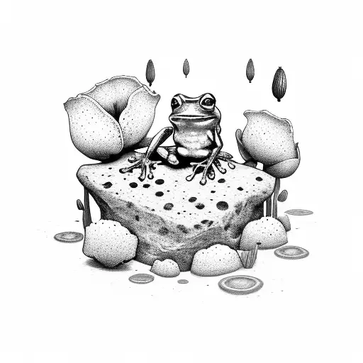 frog sitting on a rock with a guitar behind and a poppy  tattoo design idea