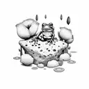 frog sitting on a rock with a guitar behind and a poppy  tattoo design idea