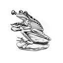 frog sitting on a rock with a guitar behind and a poppy  tattoo design idea