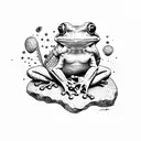 frog sitting on a rock with a guitar behind and a poppy  tattoo design idea