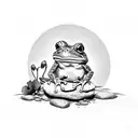 frog sitting on a rock with a guitar behind and a poppy  tattoo design idea