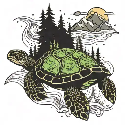 a sea turtle with a forest and mountains on its back swimming through space tattoo design idea