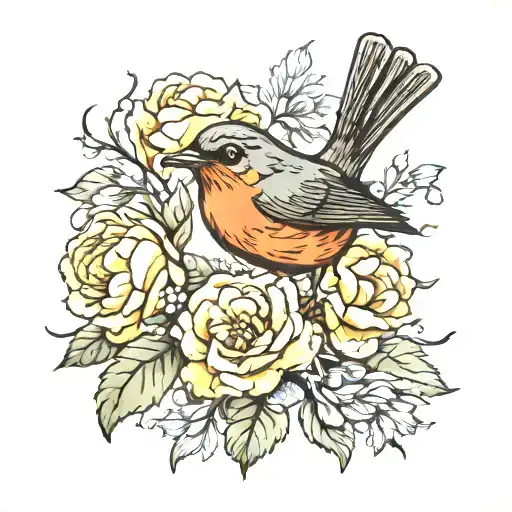 robin bird with carnation flowers tattoo design idea