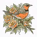 robin bird with carnation flowers tattoo design idea