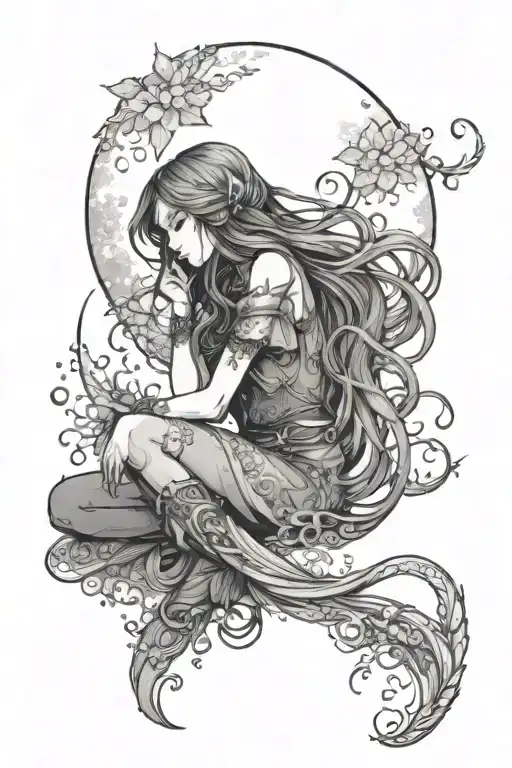 anime girl sitting on her knees in the smoke with the moon on her forehead and long hair, looking like a hero from Russian fairy tales tattoo design idea