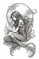 anime girl sitting on her knees in the smoke with the moon on her forehead and long hair, looking like a hero from Russian fairy tales tattoo design idea