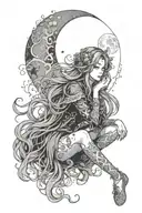 anime girl sitting on her knees in the smoke with the moon on her forehead and long hair, looking like a hero from Russian fairy tales tattoo design idea