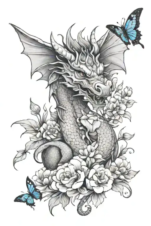 happy dragon surrounded by blooming flowers and blue butterflies tattoo design idea