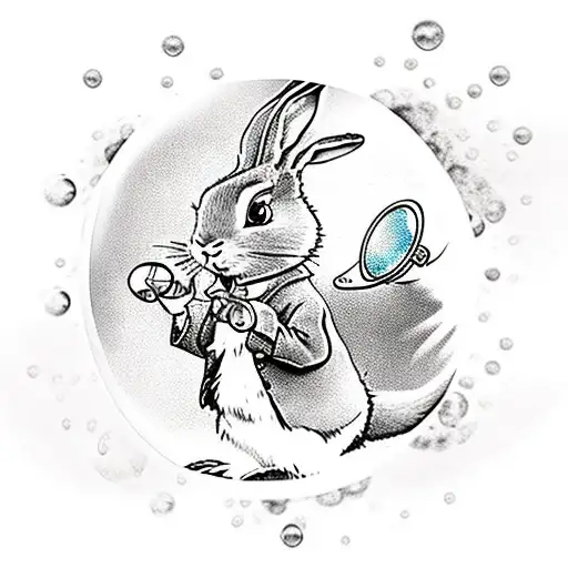 Peter Rabbit blowing bubbles in flash art syle with images in the reflection of the bubble tattoo design idea