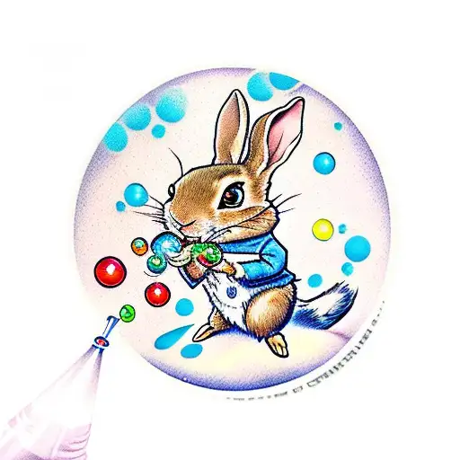 Peter Rabbit blowing bubbles in flash art syle with images of the wiggles logo in the reflection of the bubble tattoo design idea