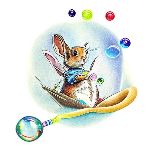 Peter Rabbit, blowing bubbles and in the bubbles is a reflection of an image tattoo design idea