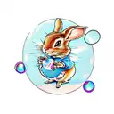 Peter Rabbit blowing bubbles in flash art syle with images in the reflection of the bubble tattoo design idea