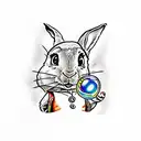Peter Rabbit blowing bubbles in flash art syle with images in the reflection of the bubble tattoo design idea