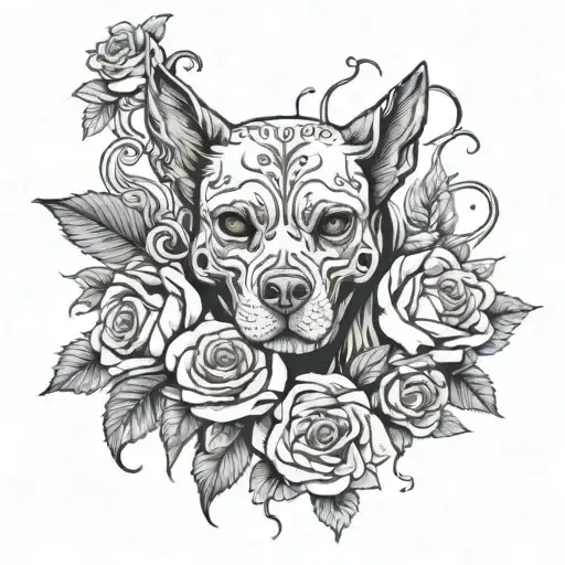 upper arm black tattoo with roses, skeletons surrounding a dog with skulls  tattoo design idea