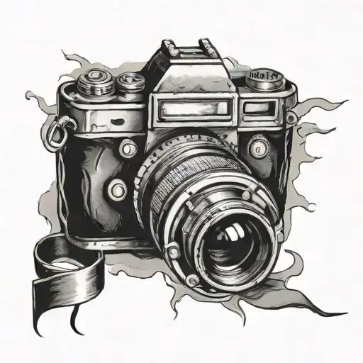 film camera surrounded film strip winding tattoo design idea