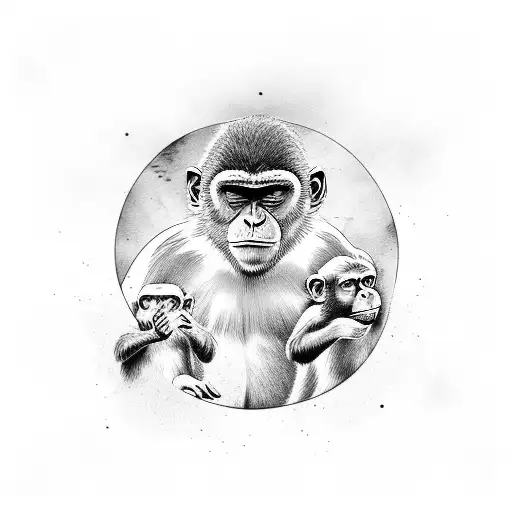 3 monkeys , one meditating in the middle one warrior monkey standing behind and one silly playing monkey tattoo design idea
