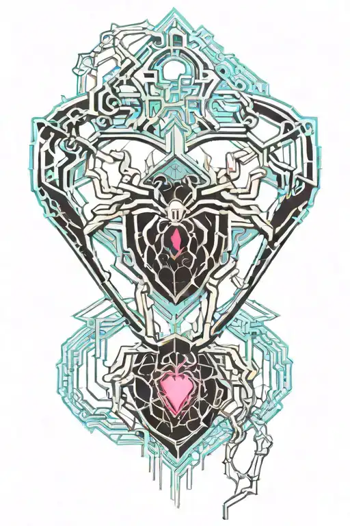 spider with heart and a number 11 inside heart with a cross cyber punk tattoo design idea