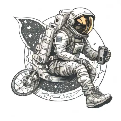 persona with astronaut helmet sitting on a half moon with t-shirt, jeans and  Nike Sneakers  tattoo design idea