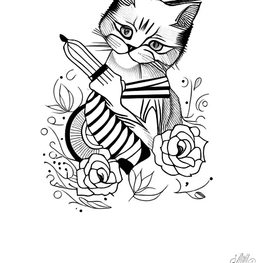Create a minimalist tattoo design featuring a makeup brush and a cat. tattoo design idea