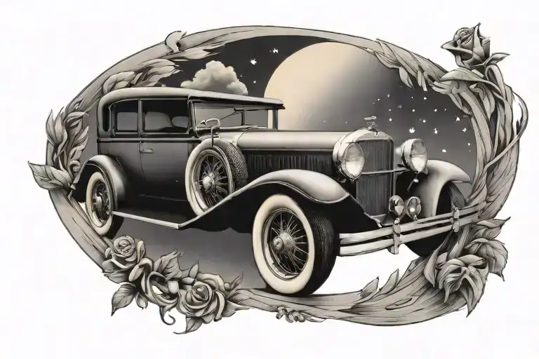 A vintage classic car cruising under a crescent moon, combining the client's love for classic cars and Luna tattoo design idea