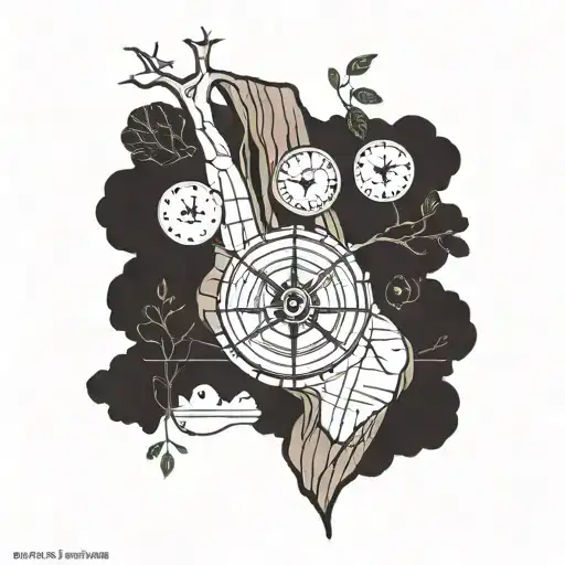 leg sleeve featuring a simple compass with map lines. also a baobab tree incorporated  tattoo design idea