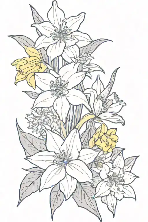 larkspur, daffodil, and aster bouquet of fl gator tattoo design idea