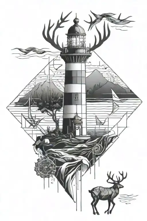 lighthouse and sea and rain deer antlers tattoo design idea