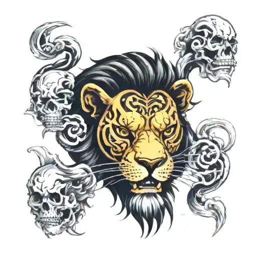 lion half faced with a skull tattoo design idea