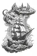burn the boats floating away an assassin with a dagger in his hand on the rock tattoo design idea
