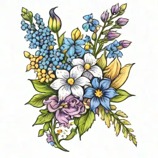Realistic flower bouquet with aster, larkspur, violet, lily of the valley, carnation, and daffodil tattoo design idea