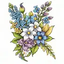 Realistic flower bouquet with aster, larkspur, violet, lily of the valley, carnation, and daffodil tattoo design idea