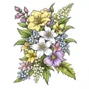 Realistic flower bouquet with aster, larkspur, violet, lily of the valley, carnation, and daffodil tattoo design idea