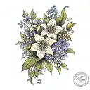 Realistic flower bouquet with aster, larkspur, violet, lily of the valley, carnation, and daffodil tattoo design idea