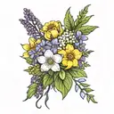 Realistic flower bouquet with aster, larkspur, violet, lily of the valley, carnation, and daffodil tattoo design idea