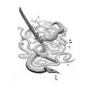 A sword piercing a snake, creating a musical note tattoo design idea