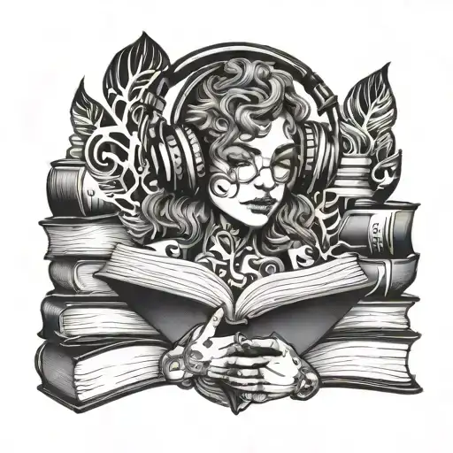 black Gaia with headphones and books surrounded tattoo design idea
