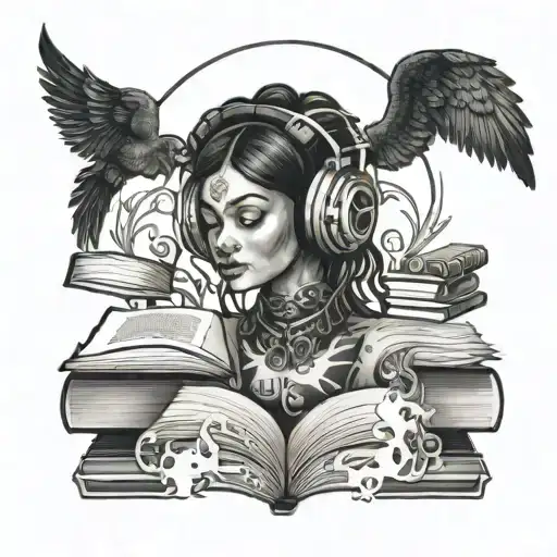 black Gaia with headphones and books surrounded tattoo design idea