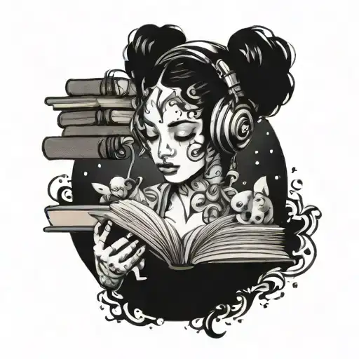 black Gaia with headphones and books surrounded tattoo design idea